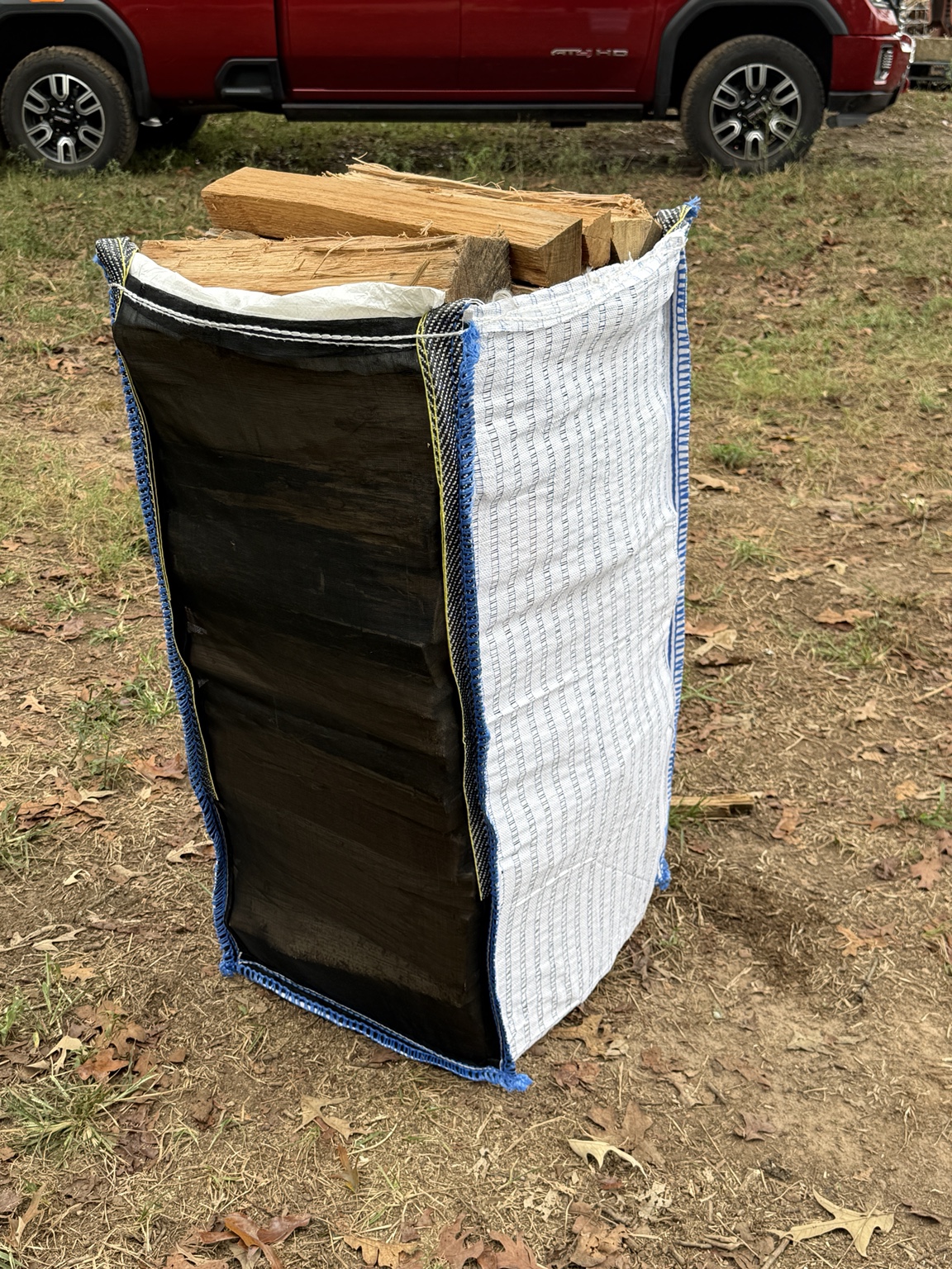 9 cubic foot firewood bag on a hand truck